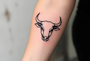 Minimalist Black Ink Bull – Simplified silhouette of a forward-facing bull head in solid black ink, with a focus on sharp horn curves and symmetrical features. tattoo idea