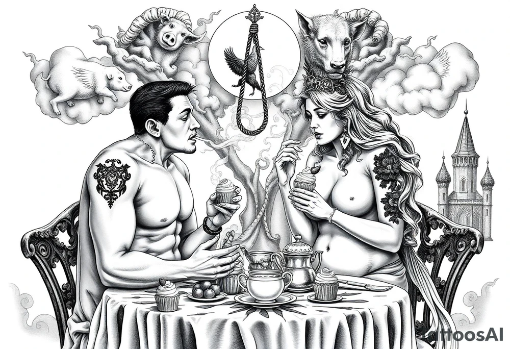 Mystical Naked Man and woman eating cupcakes and liquor fruit  having sex clouds gothic sexy naked fat lady having a tea party with tea pot and Victorian castle 
with a pigs, peacock, noose, lion, goat, smoking cigerettes looking in the mirror thru storm clouds with razor blades and broken hearts and darkness and wrath, envy , gluttony, greed, sloth, pride kill tattoo idea