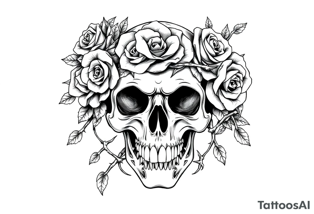 ornate skull adorned with crown of wild roses and thorns tattoo idea