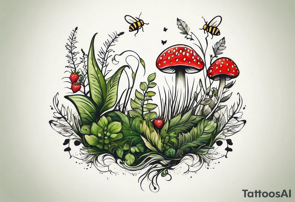 forest floor inspired minimalist tattoo, which includes grass, curly ferns, moss and dead leaves as the bulk of the tattoo. details to include: three very tiny strawberries, a tiny bumblebee flying nearby, three small brown mushrooms
Generate a vertically long one tattoo idea