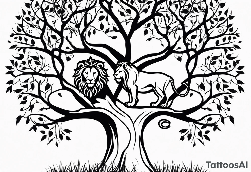 The lion of Judah, which is Jesus Christ, is tied and intertwined within a maple tree. tattoo idea
