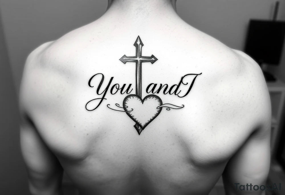 "You and I together" with a cross and a heart integrated into the design tattoo idea