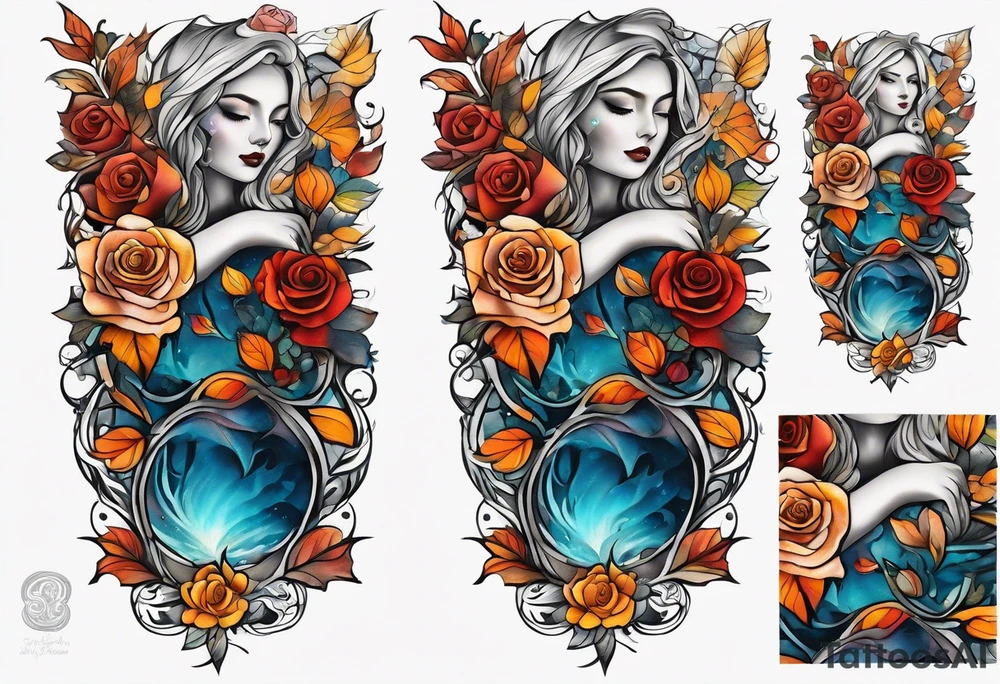 Front knee tattoo with fall colors, small flowers, rose, leaves, blue water flows with washes and background tattoo idea