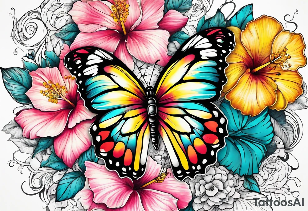 Butterfly, half flowers, hibiscus, roses, yellow, teal, pink tattoo idea