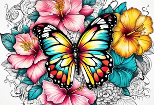 Butterfly, half flowers, hibiscus, roses, yellow, teal, pink tattoo idea