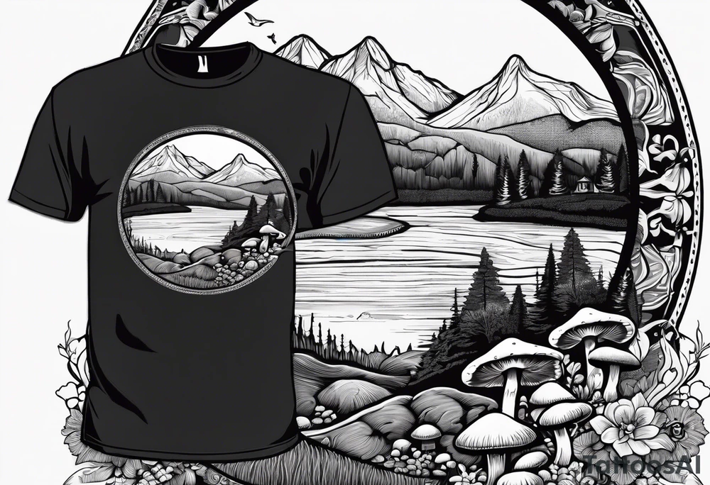 Whole picture within a circle Straight long blonde hair hippie girl in distance holding mushrooms in hand facing away toward mountains and creek surrounded by mushrooms tee shirt hiking pants hiking boots tattoo idea