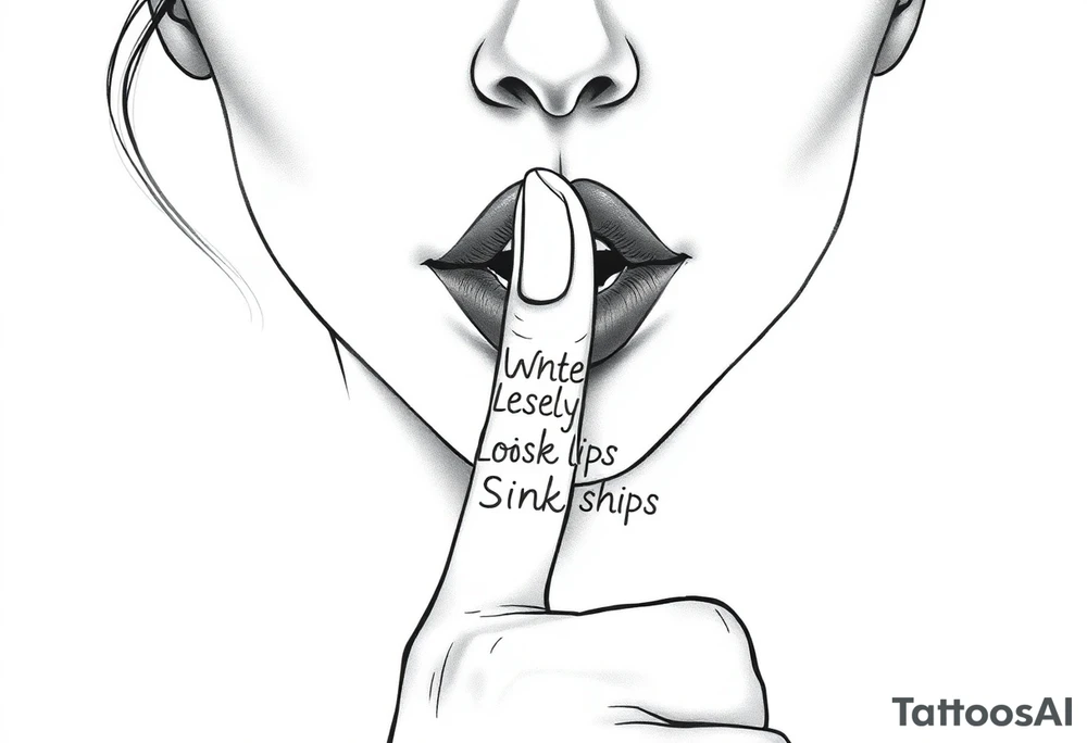 realistic portrait of sexualised woman with her finger to her lips. Must say on her finger: Loose lips sink ships tattoo idea