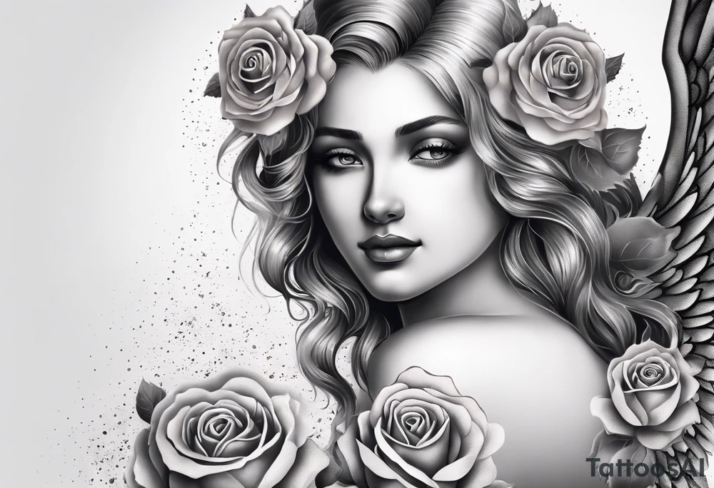 Angel, roses, name MARTINA tattoo idea