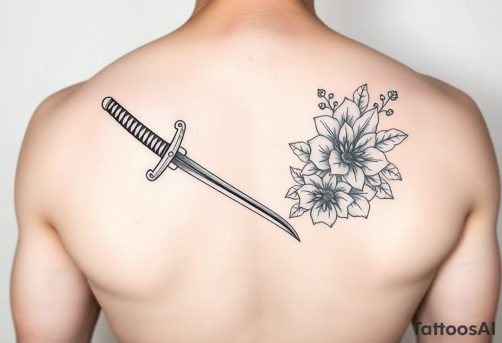 Masculine Japanese sword with flowers around it forearm tattoo idea