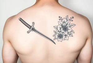 Masculine Japanese sword with flowers around it forearm tattoo idea