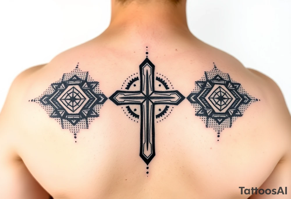 Christian cross surrounded by geometric shapes tattoo idea