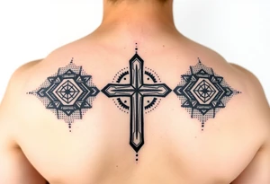 Christian cross surrounded by geometric shapes tattoo idea