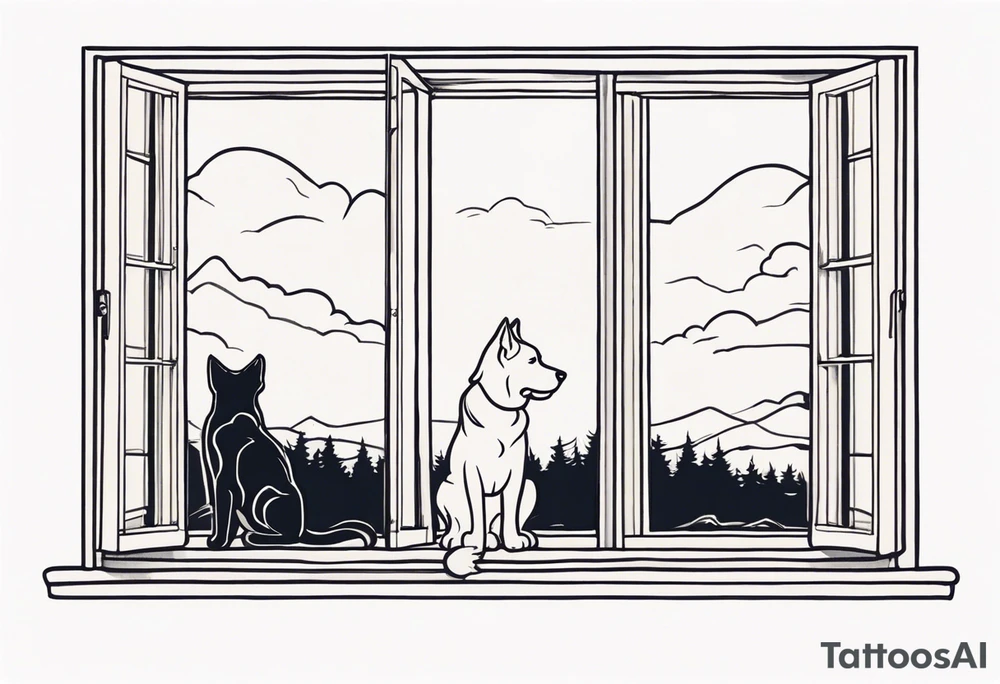 dog and cat looking out tall thin window together tattoo idea