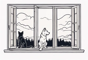 dog and cat looking out tall thin window together tattoo idea