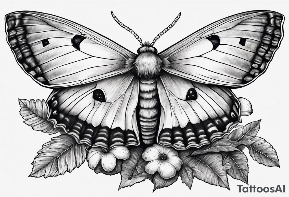 Woodland, cottage core, lunar moth, fallen log with small amount of mushrooms tattoo idea