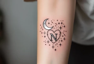 A celestial heart with a moon and stars, featuring a glowing silver letter "N" in the center, embodying a love written in the stars. tattoo idea