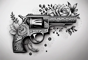 Western pistol with western filigree and floral or succulent accents for forearm sleeve tattoo idea