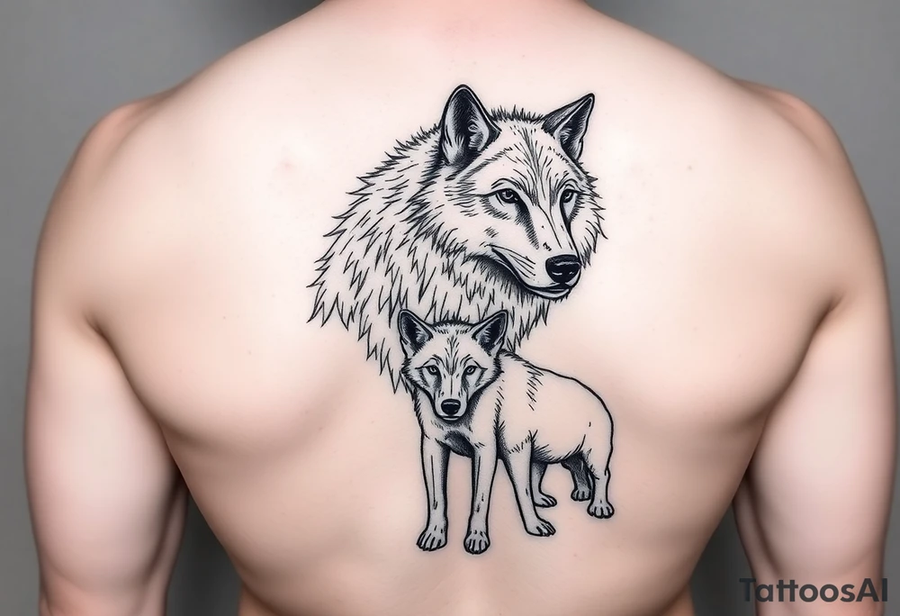 A solitary yet sublime and noble wolf and its progeny. tattoo idea