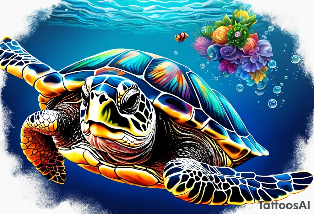 large sea turtle with its head on the right side of the image pieces of corral around it and bubbles, exclude a blue background and add a colorful jellyfish with long flowing tentacles next to the sea turtle tattoo idea