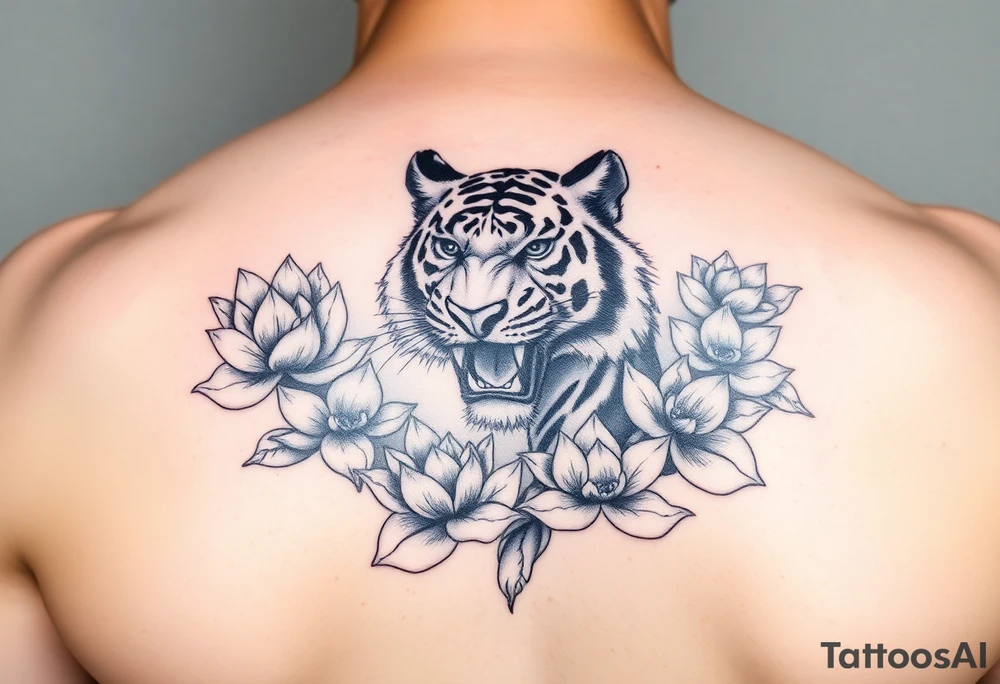 fierce tiger emerging through blooming lotus flowers in mist tattoo idea fierce tiger emerging through blooming lotus flowers in mist tattoo idea
