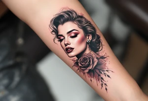 Full upper-body Monroe tattoo in elegant black and white with a deep burgundy background. tattoo idea