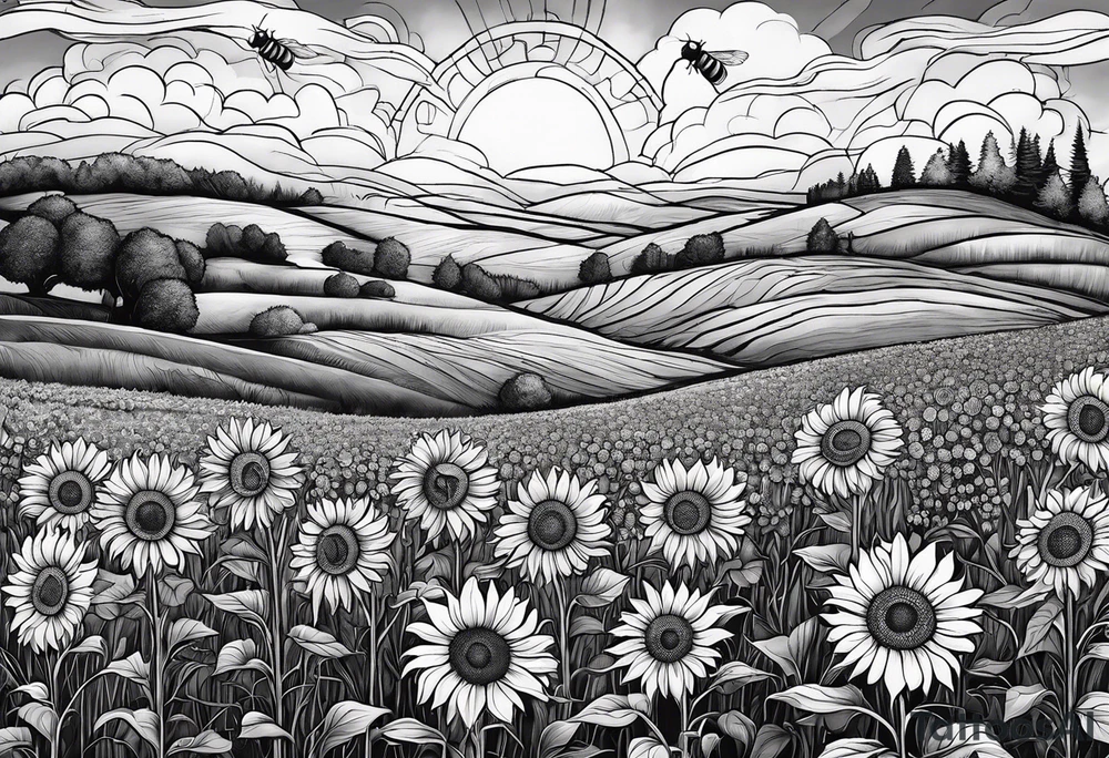 dream like sunflower meadow with distant hills and sunset. two large fuzzy bumble bees occupy the sky with beautiful clouds tattoo idea