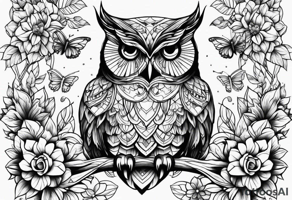 Owl flowers butterflies tattoo idea
