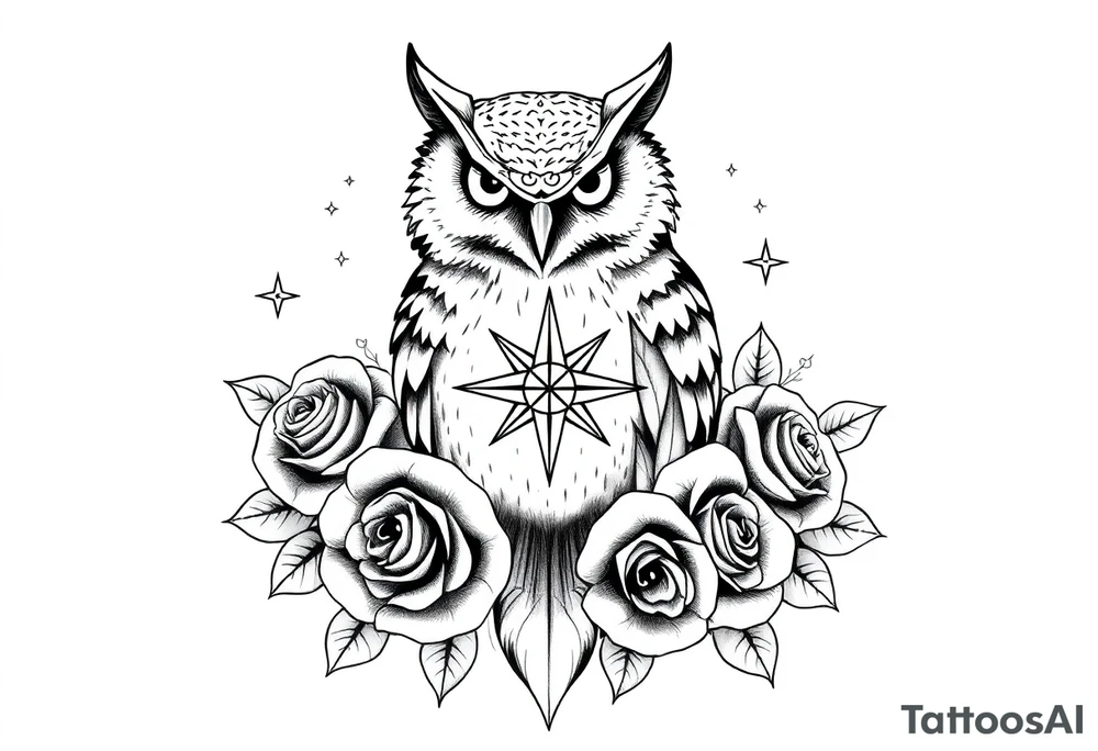 an owl,compass,roses,stars. tattoo idea