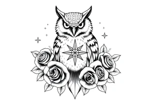 an owl,compass,roses,stars. tattoo idea