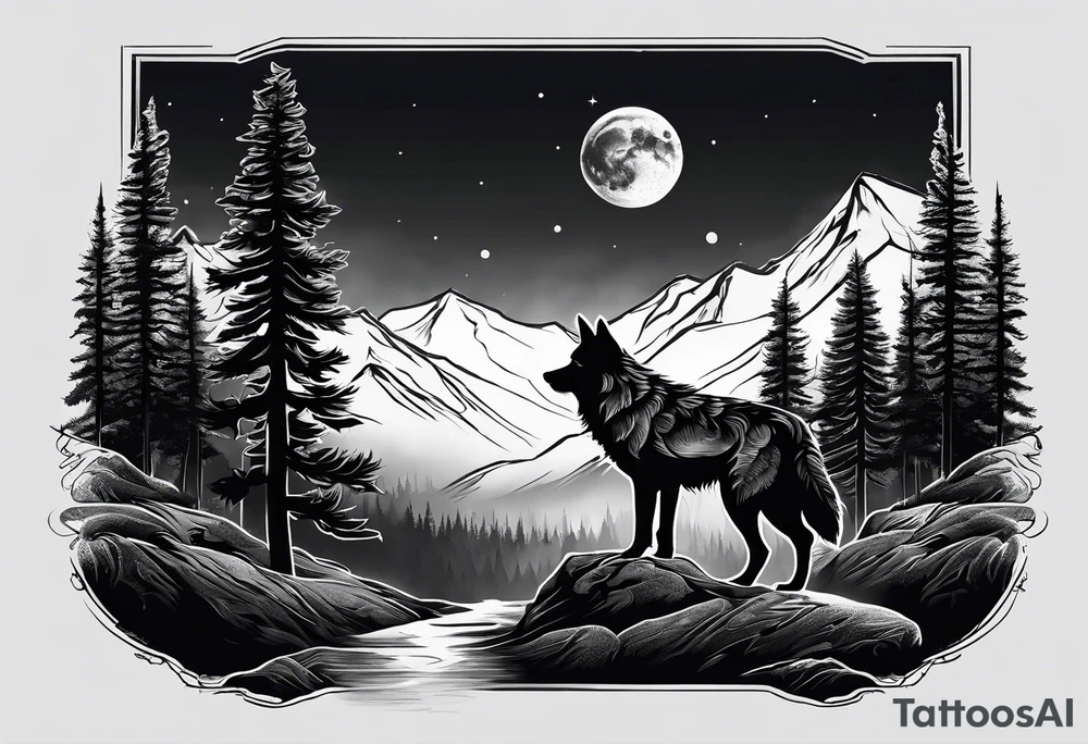 Half sleeve from shoulder
Peaks of mountains with a moon behind it
Dark woods below the mountains with a narrow trail with two wolves on bottom of the trails tattoo idea