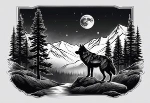 Half sleeve from shoulder
Peaks of mountains with a moon behind it
Dark woods below the mountains with a narrow trail with two wolves on bottom of the trails tattoo idea