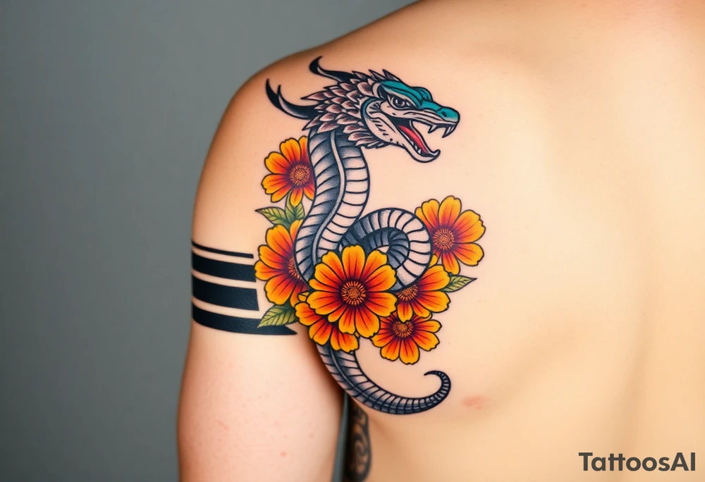 Full arm tattoo design featuring two solid black bands — one covering an upper arm tribal band and one wrapping the lower forearm. A vibrant Aztec feathered serpent (Quetzalcoatl) coils upward through the arm, overlapping the black bands with white contrast linework over the black. The serpent is detailed with bright Hispanic colors — turquoise, red, orange, and gold. Surrounding the serpent and filling negative space are Mexican marigold flowers in warm orange and yellow hues. The style is realistic tattoo design, highly detailed, with strong contrast between solid black and vivid color tattoo idea