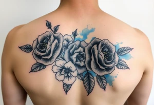 Black and white roses and carnations with blue watercolour behind tattoo idea