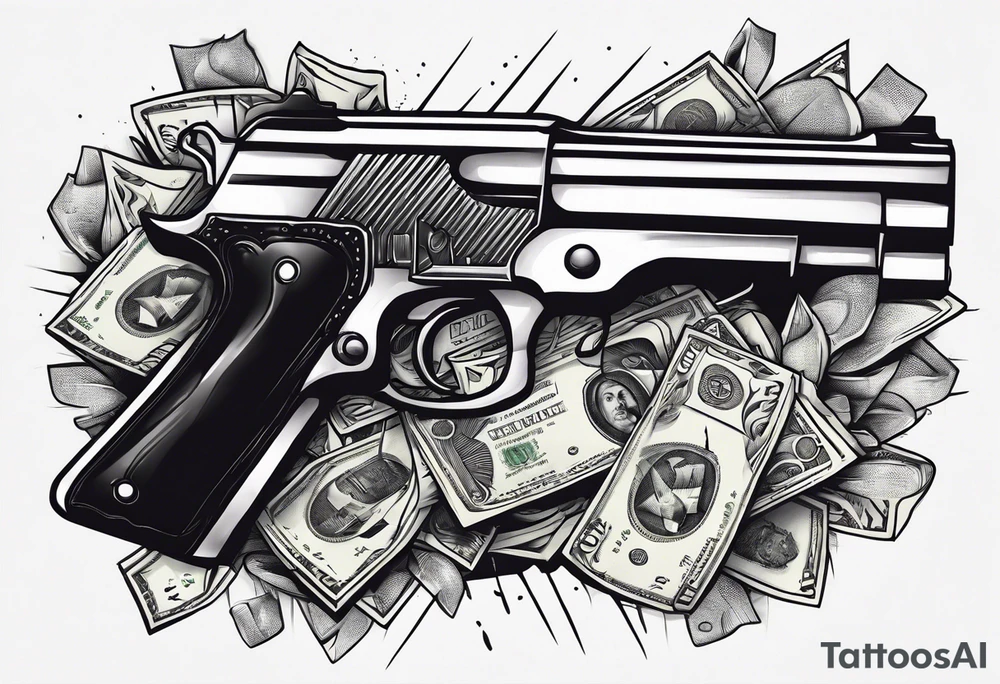 letters savage with money an gun smoke tattoo idea