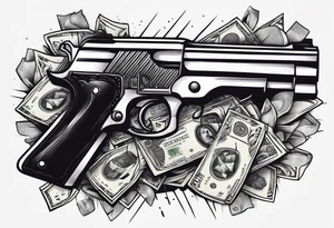 letters savage with money an gun smoke tattoo idea