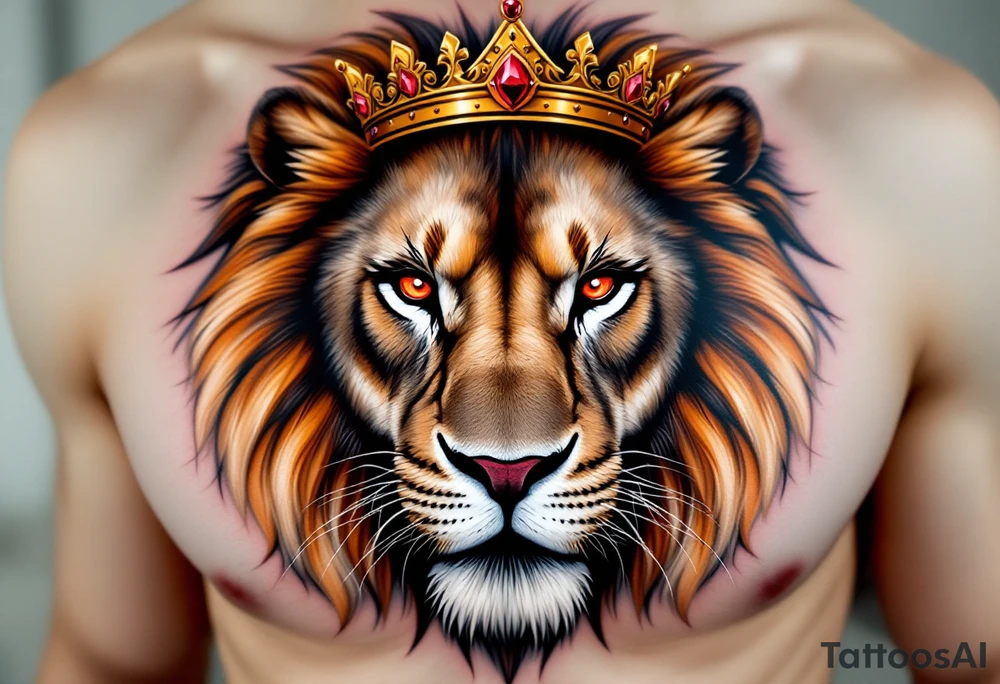A hyper-realistic Czech lion’s face with piercing red eyes, fur detailed with soft shading, and a golden crown with ruby accents. tattoo idea