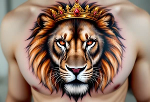 A hyper-realistic Czech lion’s face with piercing red eyes, fur detailed with soft shading, and a golden crown with ruby accents. tattoo idea