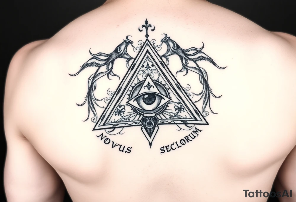 Pyramid with eye in the center, surrounded by words - novus ordum seclorum tattoo idea