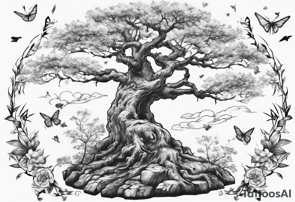 Spring with an oka tree beside, Baird fly over the oka tree tattoo idea