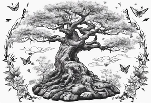 Spring with an oka tree beside, Baird fly over the oka tree tattoo idea