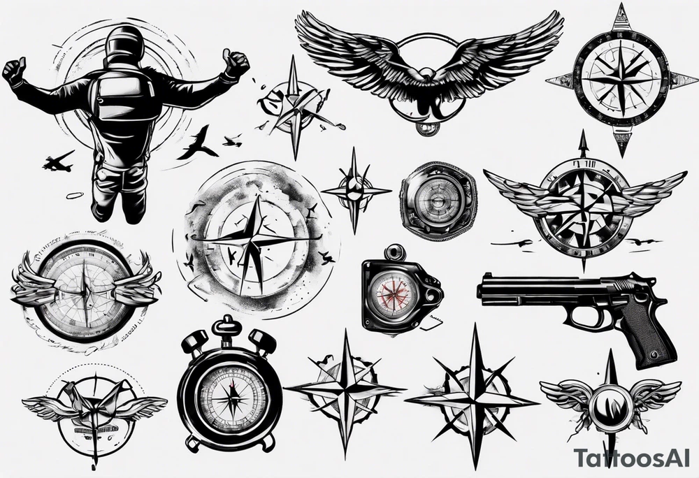 skydiving, shooting guns, compass, adventure tattoo idea