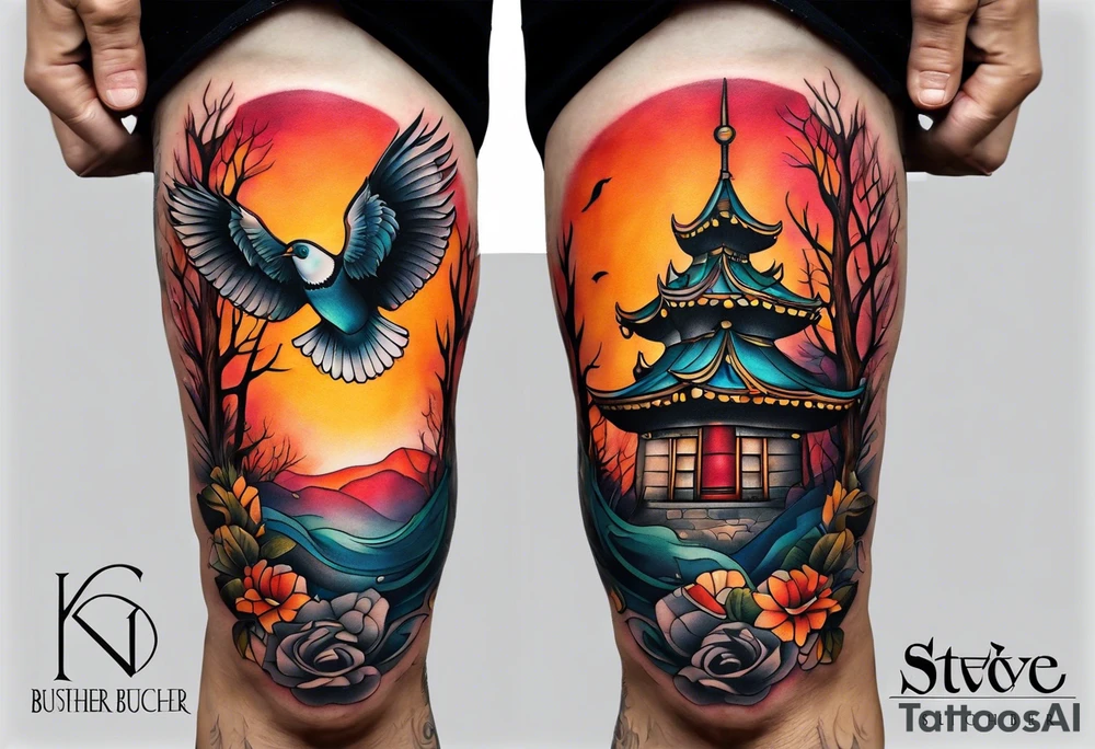 knee tattoo in fall color masculine tattoo idea