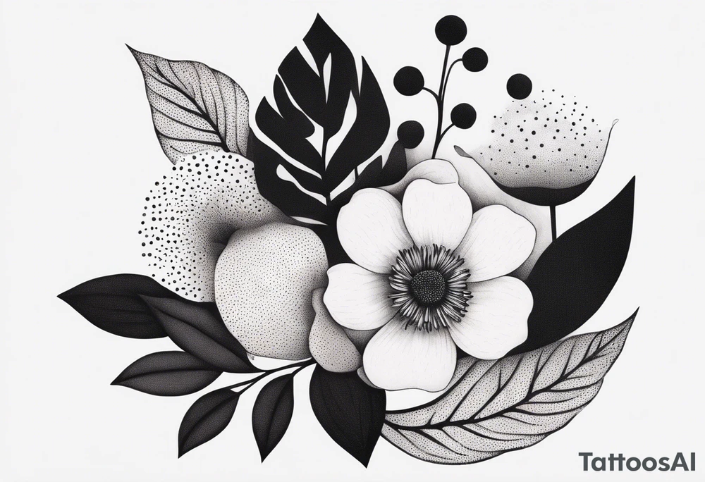 Create a whimsical floral tattoo with abstract shapes and soft curves, capturing the essence of femininity in a minimalist style. tattoo idea