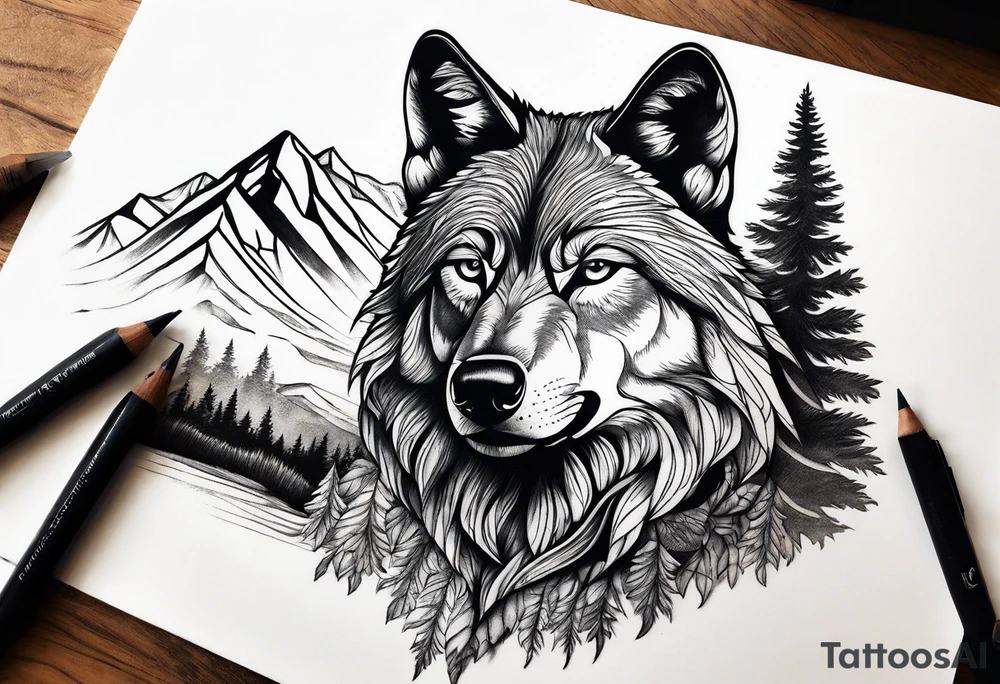 Mountains, wolf in it tattoo idea