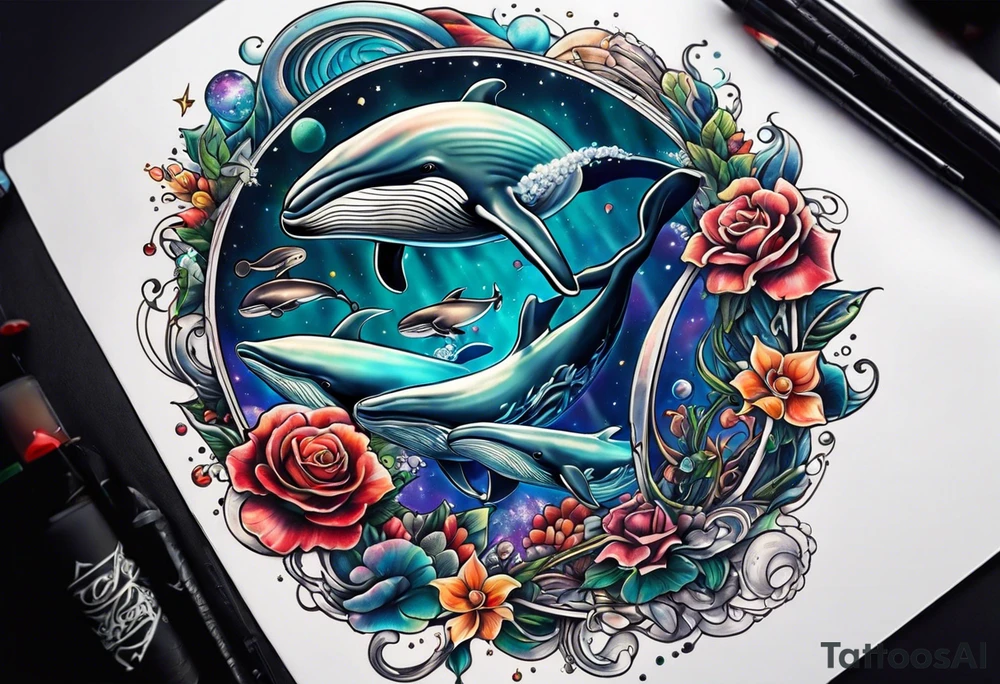 whales in outer space tattoo idea