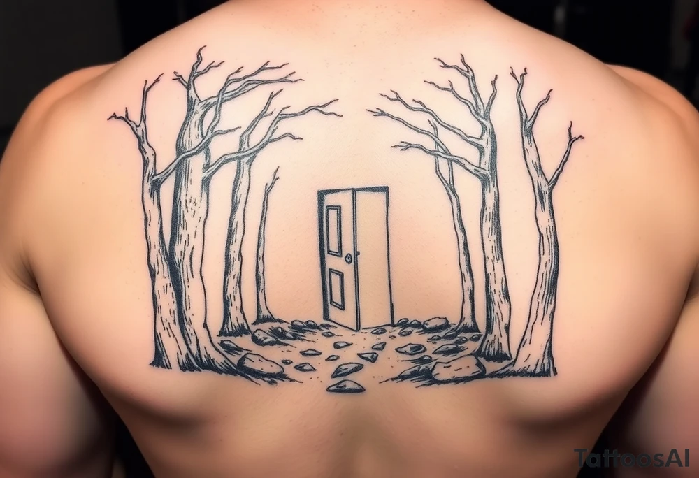 A wooded area with a doorway that is slightly ajar, leading to space tattoo idea