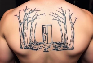 A wooded area with a doorway that is slightly ajar, leading to space tattoo idea