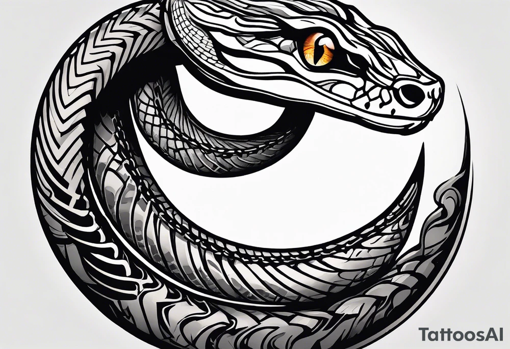 Side view of a Snake eye with copper iris, emerging out of a mountain bike tire tattoo idea