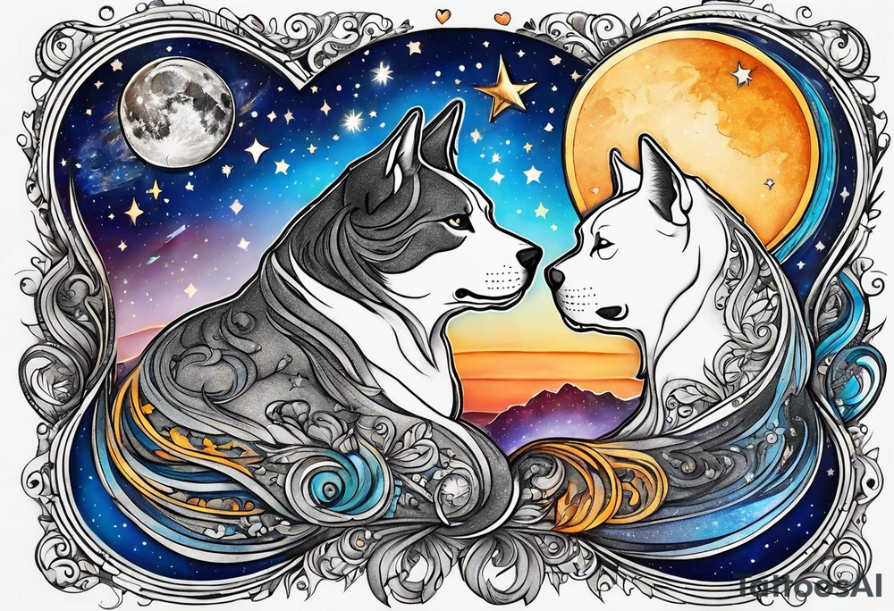 Sun and moon intertwined together with a romantic kiss or hug
With a pawprint pathway going to 2 cat and pitbull dog face surrounded with intergalactic Stars and infinite love bond tattoo idea