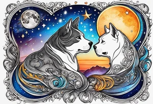 Sun and moon intertwined together with a romantic kiss or hug
With a pawprint pathway going to 2 cat and pitbull dog face surrounded with intergalactic Stars and infinite love bond tattoo idea